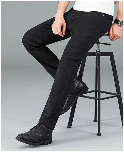Men's Pure Black Slim Jeans Elastic Straight Pants Business Fashion Leisure Korean Vintage Skinny Small Feet Denim Pants Male