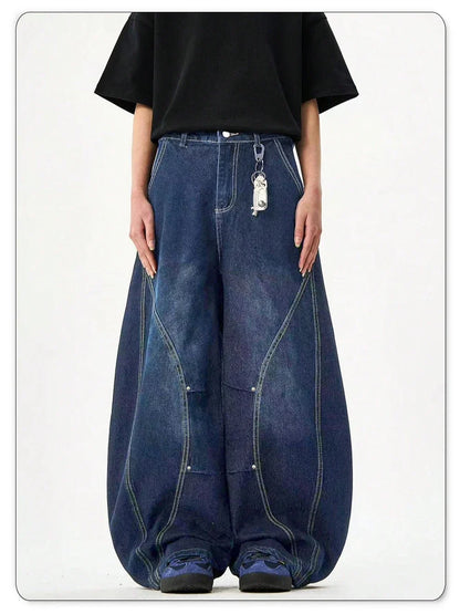 Men's American Retro Blue Loose Machete Wide Leg Jeans Unisex Baggy Straight Leg Sickle Denim Pants Deconstructed Balloon Pants