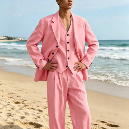 Men's Linen Suit Classic Notch Lapel 3 piece(Blazer+Vest+Pants)Breathable Wide Leg Trousers for Groom Spring Summer Party