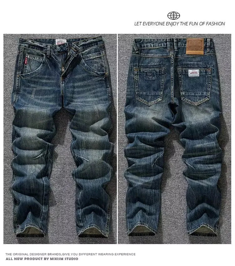 Spring Autumn Trendy Vintage Washed Jeans Men's Loose Straight Leg Fashionable Youth Casual Cotton Denim Anti-Bacterial