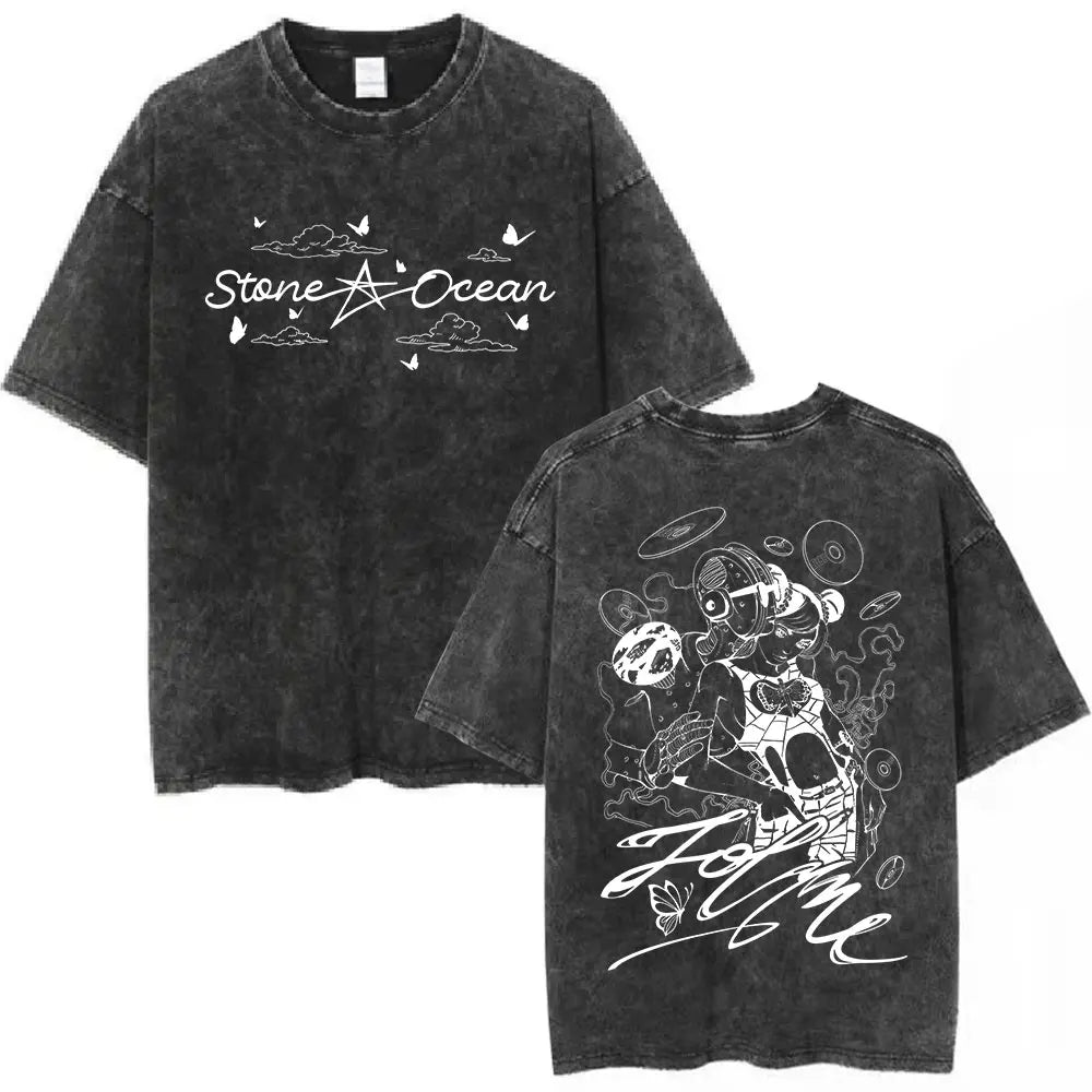 Anime Jojo Bizarre Adventure Washed T-shirt STEEL BALL RUN Diego Brando Manga T-shirts Men Women Cotton Casual Oversized T shirt