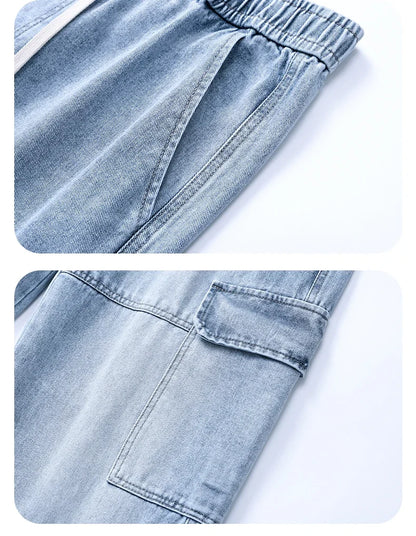 2025 new men's cement grey work jeans Y2K street hip-hop large pocket wide-leg straight jeans trousers jogging black light blue