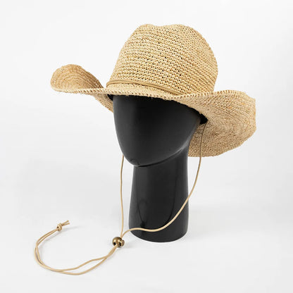 Hand-crocheted Natural Raffia Straw Cowboy Hat for Women Men Summer Wide Brim Sun Hat Outdoor Breathable Beach Caps