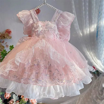 Sweet Baby Girls Summer New Pink Lolita Princess Dress Kids Tulle Ruffle Trim Feifei Sleeve Bow Birthday Performance Ball Gown