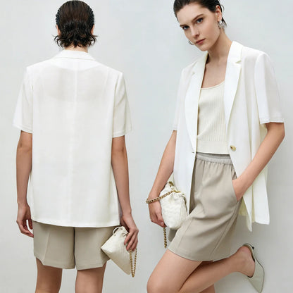 Women's Blazer 2026 Summer New Notched Lapel Chiffon Splicing Short Sleeve Jacket Women's Single Button Casual Top 12622126
