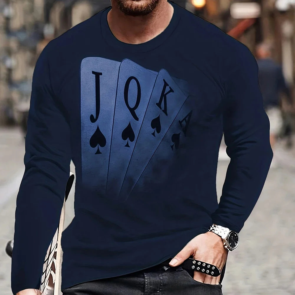 Summer Men's T-Shirt Big Size Loose Retro Short Sleeve Fashion American Poker Letter Print O Neck Long Sleeve Autumn Shirt