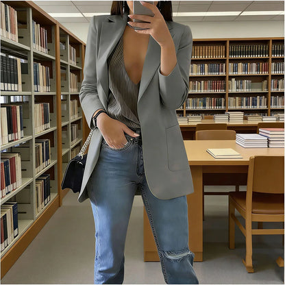 2026 Elegant jacket Women's Suit Single office Casual British Professional Women's Buttonless suit collar pocket simple coat top