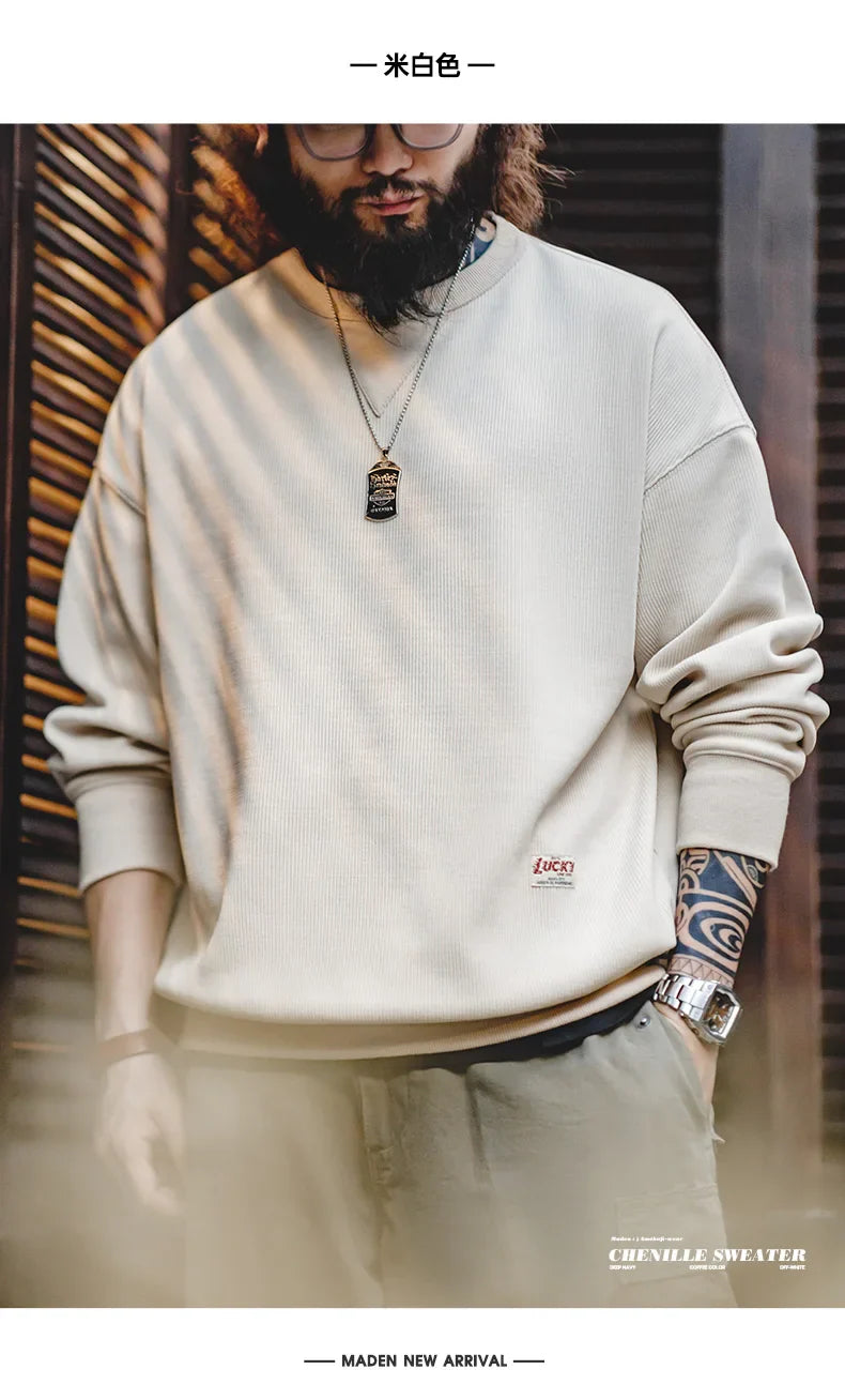 Heavyweight Round Collar Chenille Sweater for Men Spring and Autumn Basic Styles Long-sleeved Pullover Navy Blue T-shirts