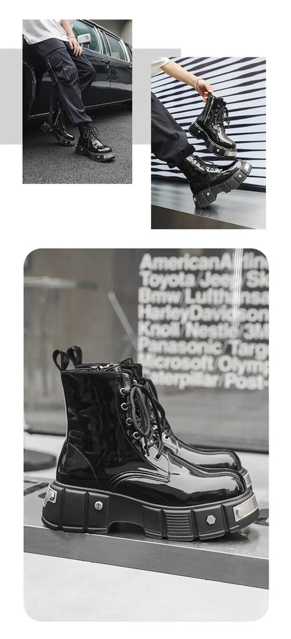 New Men Goth Platform Boots Fashion Rivet Lace Up Punk Wedges Chunky Heels Men Boots Party Street Patent Leather Men Shoes