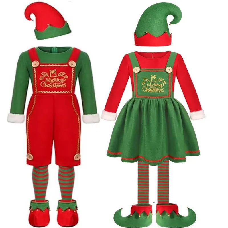 Funny Adult Santa Claus Cosplay Costume Boys Girls Green Christmas Elf Clothes Family Outfit New Year Christmas Dress Set