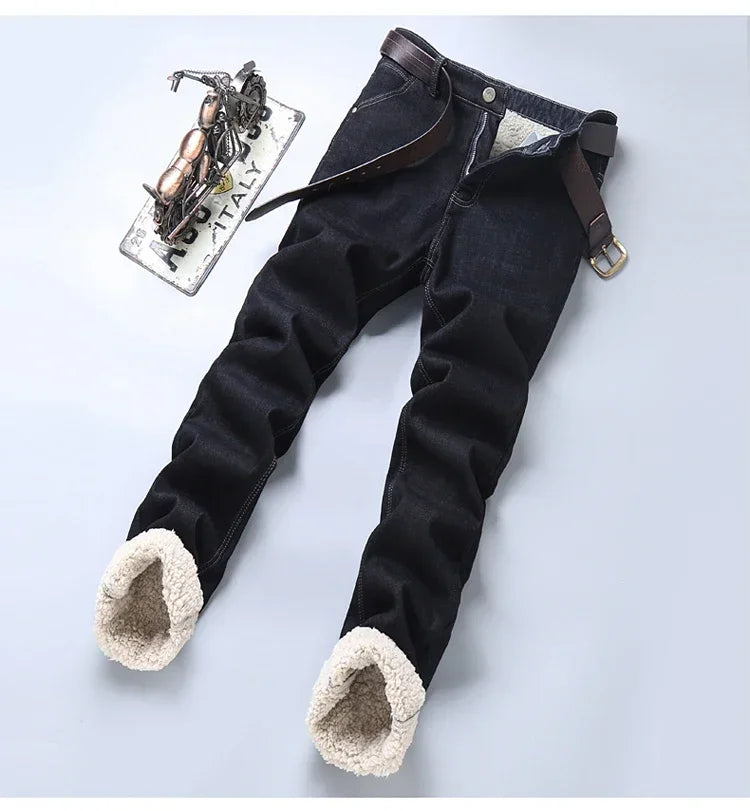 Winter Men's Fleece Thick Sherpa Jeans Business Casual Velvet Straight Denim Pants Male Wool Plush Classic Stretch Trousers