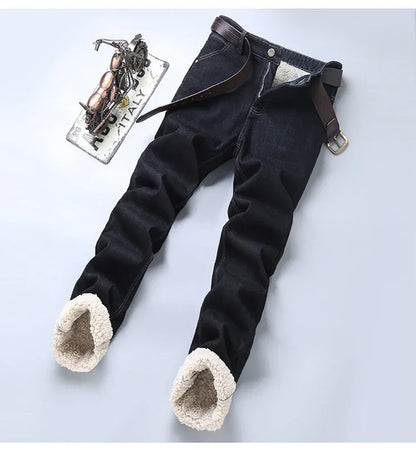 Winter Men's Fleece Thick Sherpa Jeans Business Casual Velvet Straight Denim Pants Male Wool Plush Classic Stretch Trousers