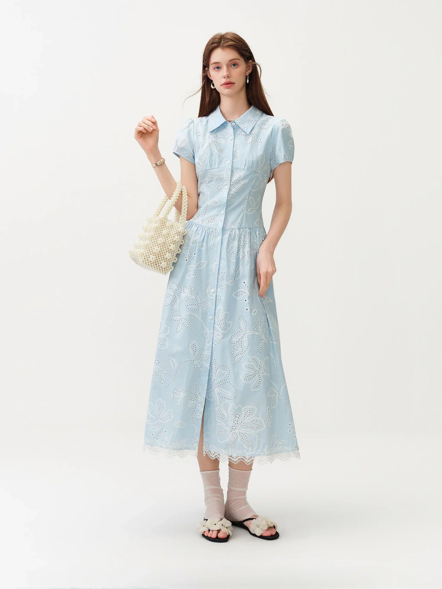 Women's Light French Style Cotton Lapel Hollow-out Print Waist-Fitted Short Sleeve Shirt Dress 2026 Summer New Arrival