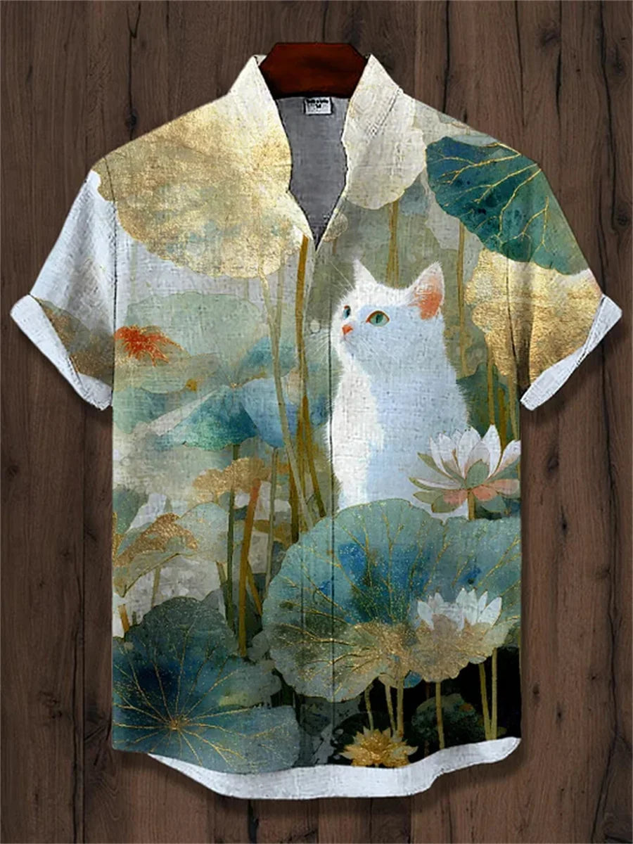 Men's short-sleeved shirt, samurai ink painting print, loose and breathable casual top, trendy retro design Hawaiian shirt.