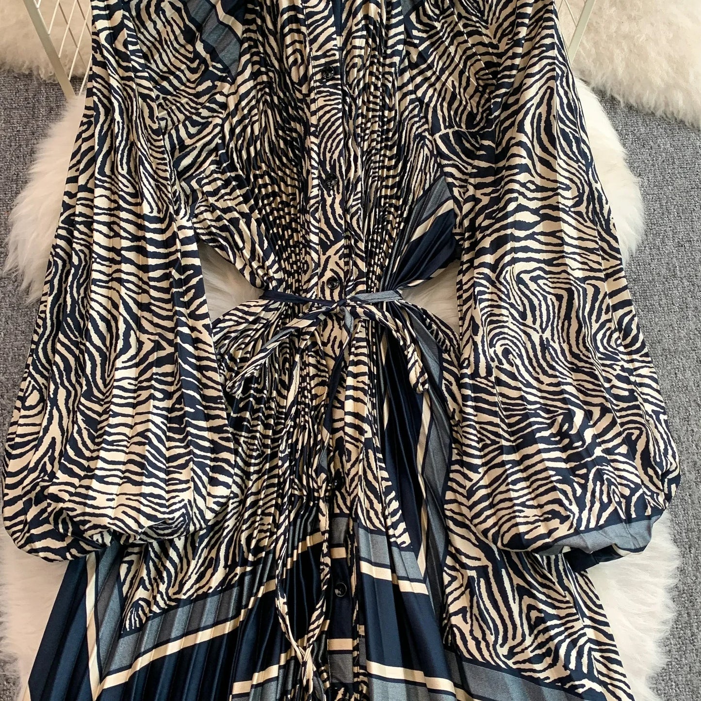 Ele Printed round Ne Lantern Sve Dr Women's Single Button Waist Cinch Maxi Skirt Long Dr Commute Sle Autumn