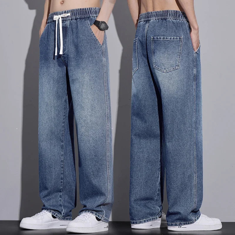 Men's Clothing Wide-leg Pants Baggy Jeans Streetwear Straight Fashion Denim Trousers Y2k Vintage Washed Elastic Waist Man Pants