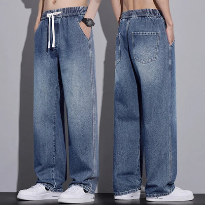 Men's Clothing Wide-leg Pants Baggy Jeans Streetwear Straight Fashion Denim Trousers Y2k Vintage Washed Elastic Waist Man Pants