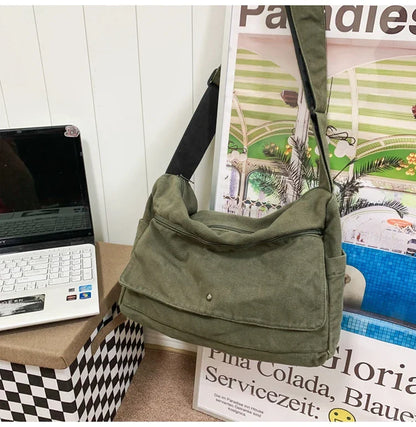 Solid Color Canvas Shoulder Bags Women 100% Cotton Satchels Korea Style Cloth Messenger Bags Large Crossbody Bags Book Packages