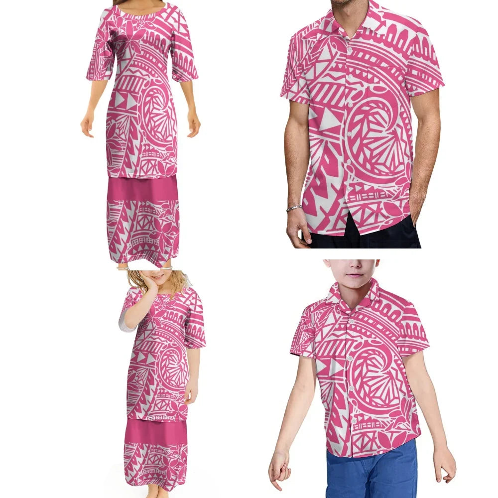 Polynesian Retro Tribal Print Ethnic Design Custom New Women'S Puletasi Men'S Shirt Adult Children Samoan Family Clothing