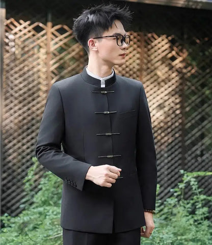 Chinese Style Stand Up Collar Suit Jacket for Men High Quality Mens Slim Fit Casual Social Wedding Dress Coat Men's Clothing