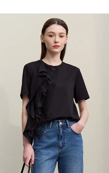 Women's T-Shirt 2026 Summer New Round Neck Ruffle Hem Cotton Tee Lace Trim Short Sleeve Loose Fit Top For Women 12642012
