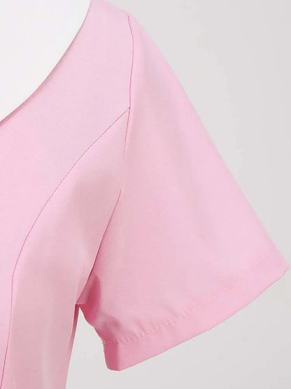 Summer Midi Dress Women Elegant Pink Vintage Party Sundress Casual Peter pan Collar Short Sleeve Dress