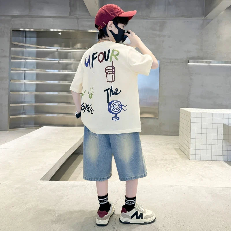Luxurious Boys Set Summer Outfit Suit Age 5 6 7 8 9 10 11 12 13 14 Years Child Clothing Set Kids Letter T-shirt and Denim Shorts