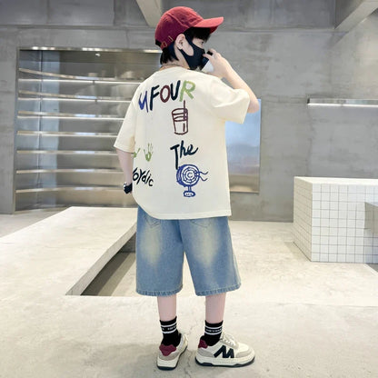 Luxurious Boys Set Summer Outfit Suit Age 5 6 7 8 9 10 11 12 13 14 Years Child Clothing Set Kids Letter T-shirt and Denim Shorts