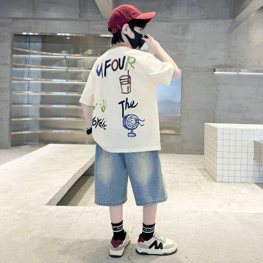 Luxurious Boys Set Summer Outfit Suit Age 5 6 7 8 9 10 11 12 13 14 Years Child Clothing Set Kids Letter T-shirt and Denim Shorts