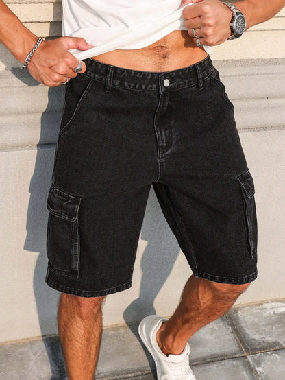 Men's Summer Denim Black Shorts. Workwear Style. For Daily Leisure. Creating a Trendy Street-Style Look.