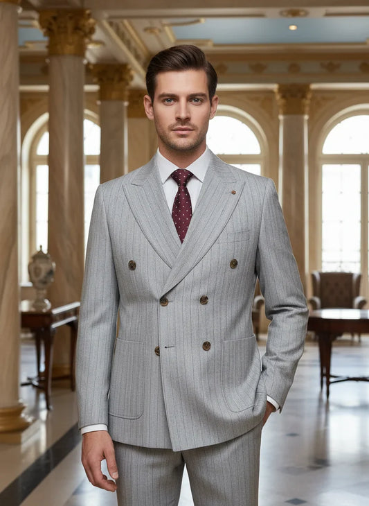 Gray 2 Pcs Set（Jacket+Pants）Men's Suit Stripe Double Breasted Wedding Groom Costume Leisure Office Business Suit
