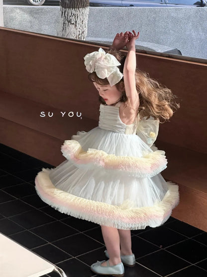 Sweet Baby Girls Elegant Rainbow Gradient Tutu Princess Cake Sundress Kids Tulle Ruffle Trim Puffy Birthday Party Casual Gown