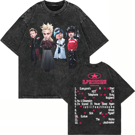 100% Cotton Vintage Washed 5 Seconds of Summer Everyone’s A Star World Tour 2026 T Shirt Men/Women Oversize Loose Acid Wash Tees
