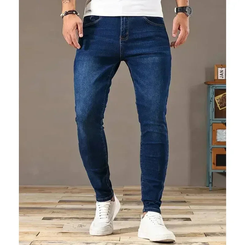 Men Narrow Leg Jeans Male Straight Leg Slim Pencil Denim Pants Classic Casual Daily Stretch Skinny Trousers