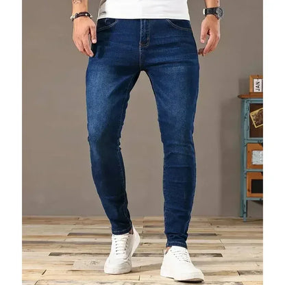 Men Narrow Leg Jeans Male Straight Leg Slim Pencil Denim Pants Classic Casual Daily Stretch Skinny Trousers