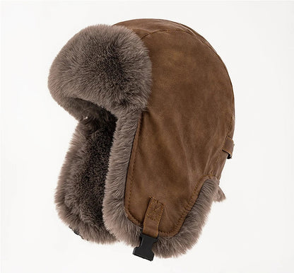 Men Winter Bomber Hat Outdoor Motorcycle Windproof Thicken Warm Faux Fur Pilot Earflap Hat Leather Thermal Ushanka