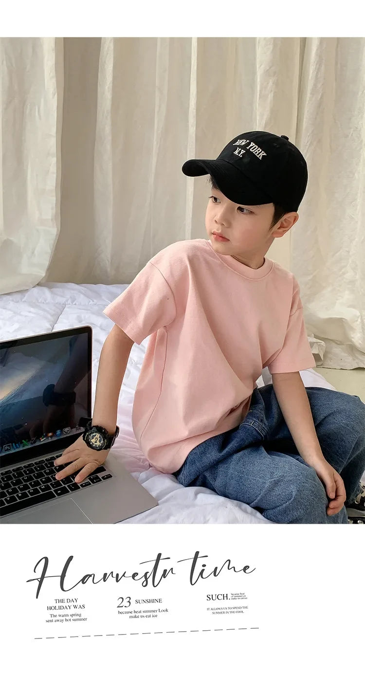 Summer Casual School Kids Cotton Plain Tee Tops Baby and Boys Short-Sleeved T-Shirt Children Outfit Clothing 1-16 Years
