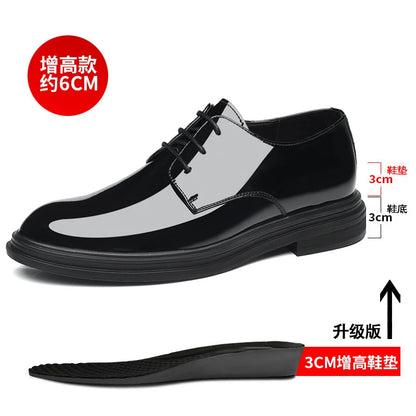 Mens Black Patent Leather Lace Up Dress Shoes With Thick Sole Platform Block Heel Formal Business Wedding Party Office Work Shoe