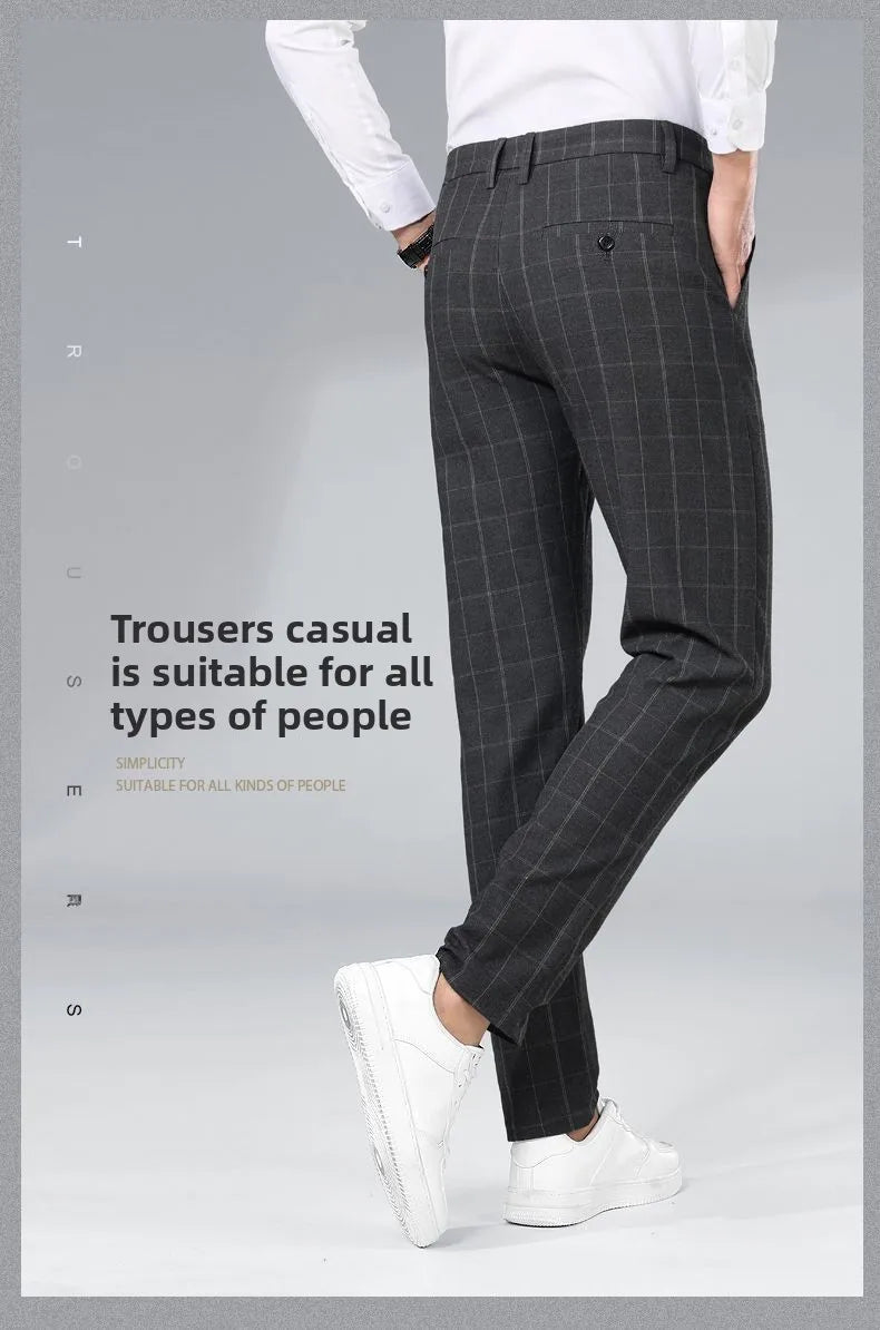 Autumn Winter Men's Business Casual Plaid Pants Korean Fashion Stretch Slim Fit Suit Pants Male Office Formal Versatile Trouser