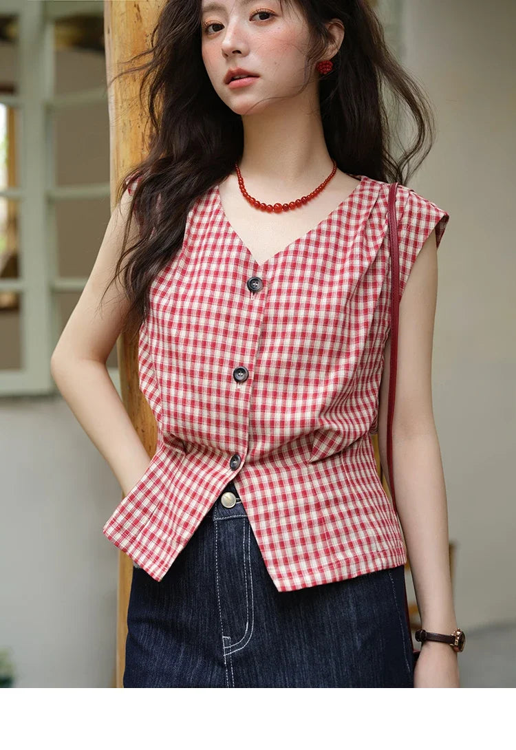Women's Fashion V-neck Shirt 2026 Summer New Plaid Ladies Red Button Shirt Casual Retro Top Female Clothing MXE37X1921