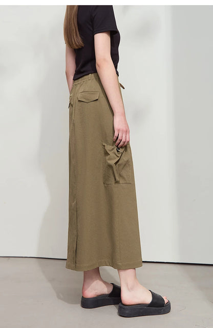 Minimalist Women Clothing Skirt 2025 Autumn New Casual Loose Multi-pocket Drawstring Elastic Waist Long Skirt 12522020