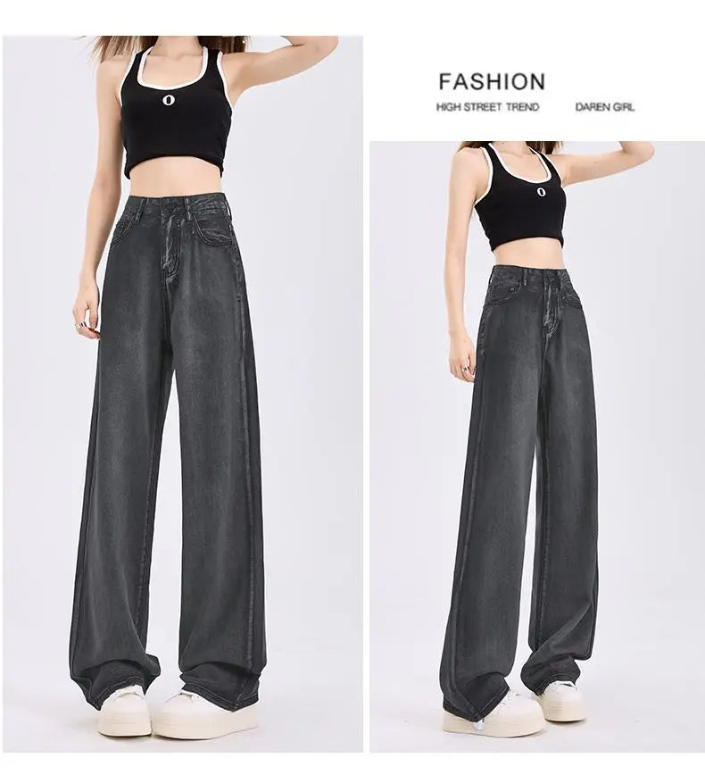 Woman Jeans 100% Lyocell Breathable Denim Wide Leg Towel Sweep drape loose 2025 Summer ice silk Baggy Famale Denim Pants 5 Color