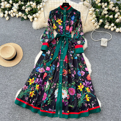 Retro Faion Print Stand Collar Single Button Women's Dr Waist Cinched Floor Length Skirt Korean Sle High Waist Long Sl...