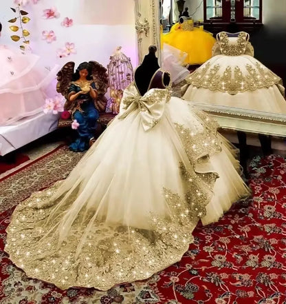 Customized Flower Girl Dress for Wedding Suspenders with Bow Satin Ball Gown Kids Birthday First Communion Party Dress
