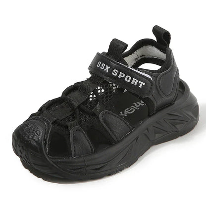 Kids Summer Breathable Mesh Sandals Boys Girls Closed Toe Sport Shoes With Magic Strap In Black And White For Toddlers Outdoor