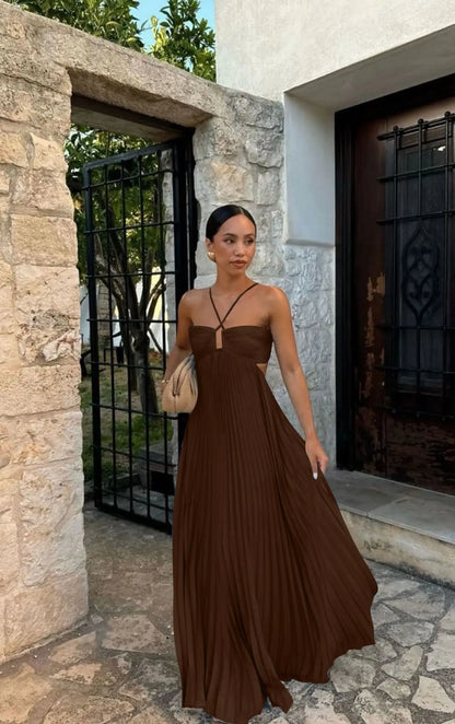 2025 New Women's Fashionable and Elegant Summer Camisole Beach Vacation Long Dress Elegant Backless Pleated Long Dress