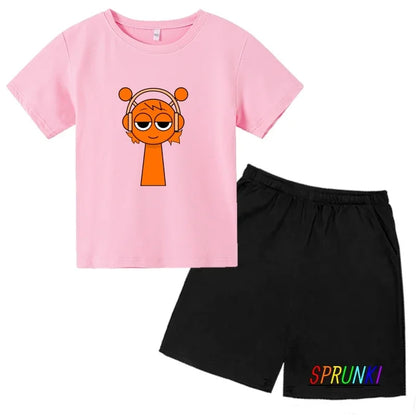 2026 Sprunki Kids T-Shirt + Shorts Set, Boys Girls Cartoon Game Printed Cotton Short Sleeve 2Pcs Summer Casual Outfit
