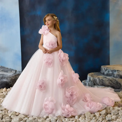 Customized Flower Girl Dress Pink Tulle Flowers Single Shoulder For Wedding Birthday Party Holy Communion Banquet Princess Gown