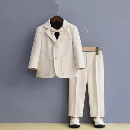 Beige Boys Slim Fit Suit Set 3 Pieces Jacket Pants Woth Bow-tie Wedding Ring Bearer Outfit Notched Lapel Kids Tuxedo For Party