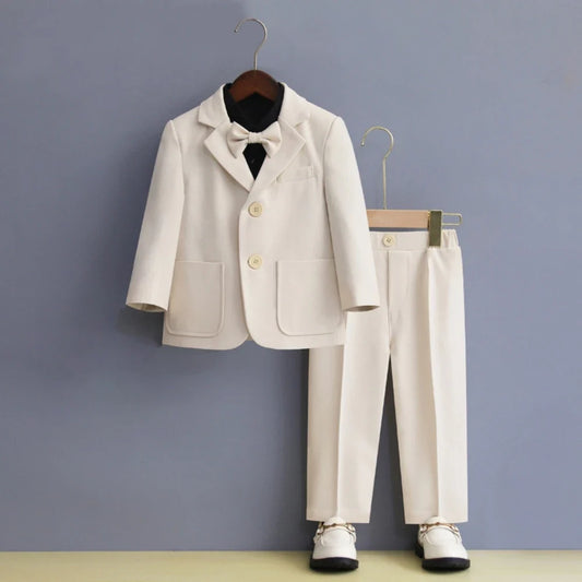 Beige Boys Slim Fit Suit Set 3 Pieces Jacket Pants Woth Bow-tie Wedding Ring Bearer Outfit Notched Lapel Kids Tuxedo For Party